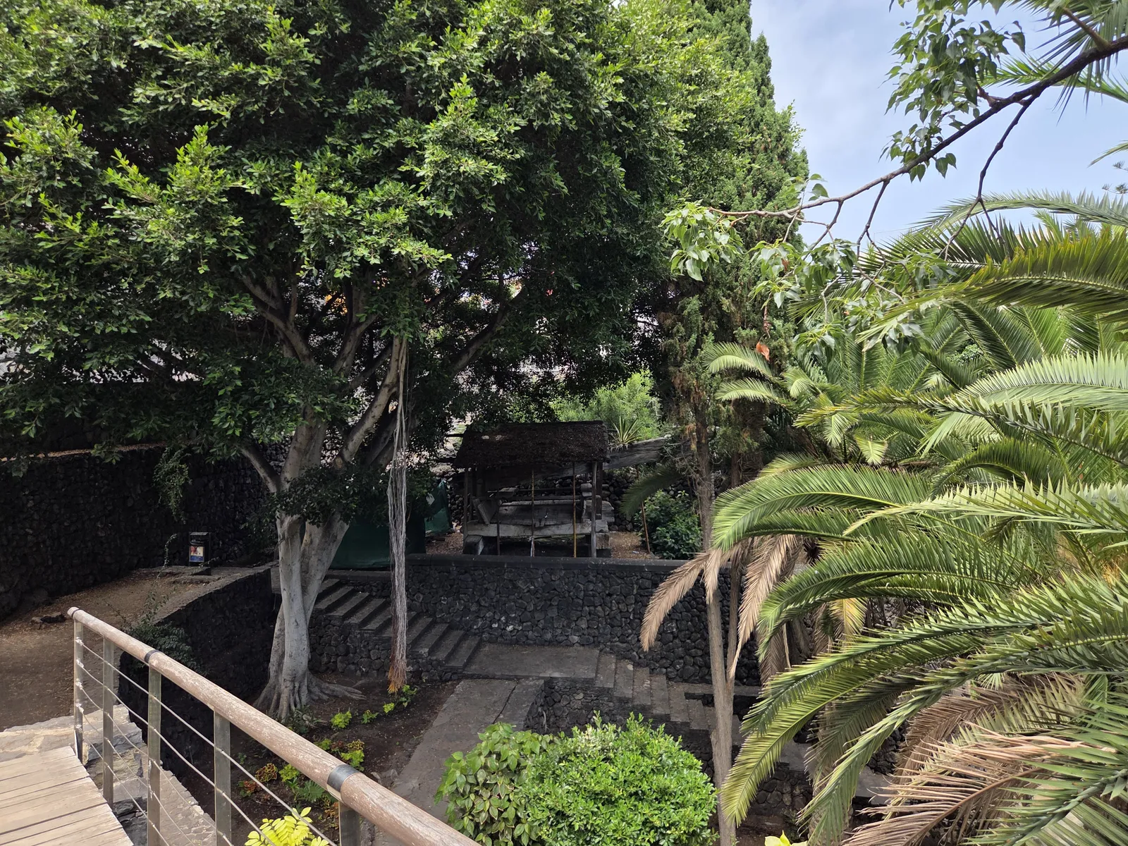 Steps and railings descending into a shaded garden with palms and mature trees at Puerta de Tierra