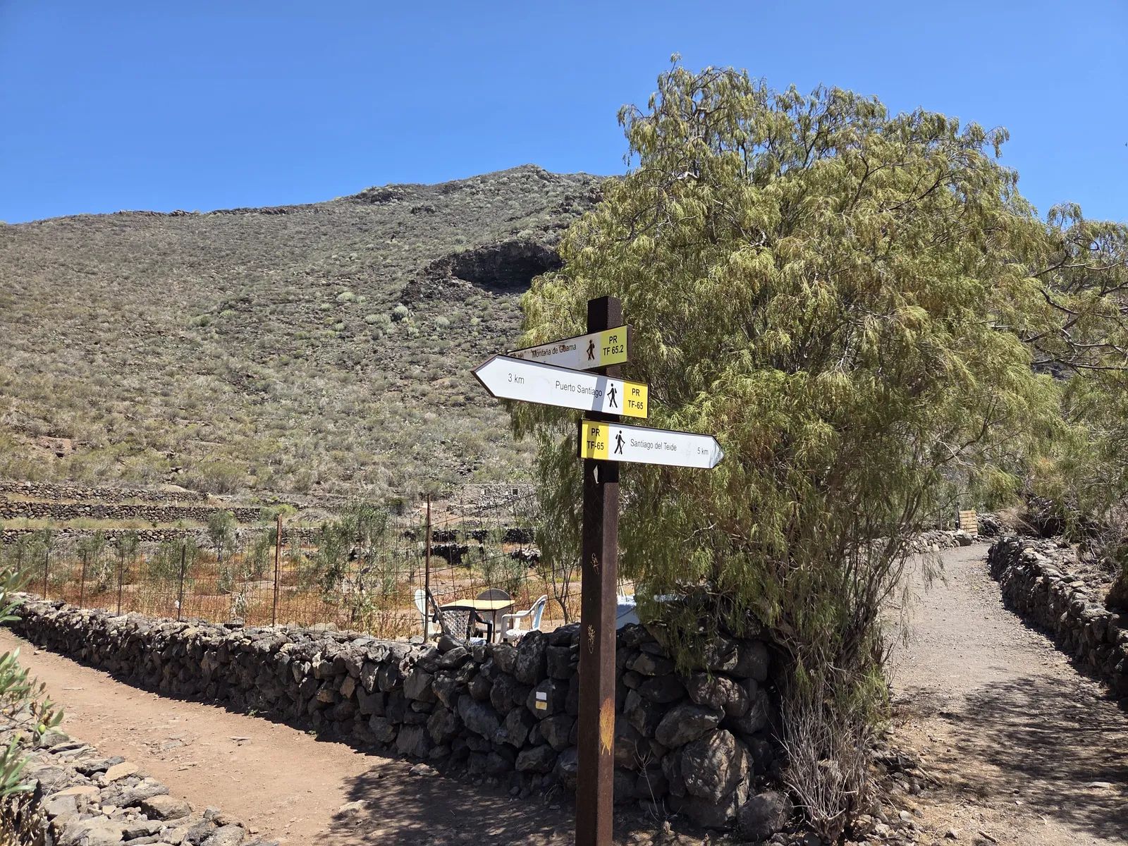 Trail sign pointing towards Montaña de Guama on PR-TF 65.2 and towards Puerto Santiago and Santiago del Teide