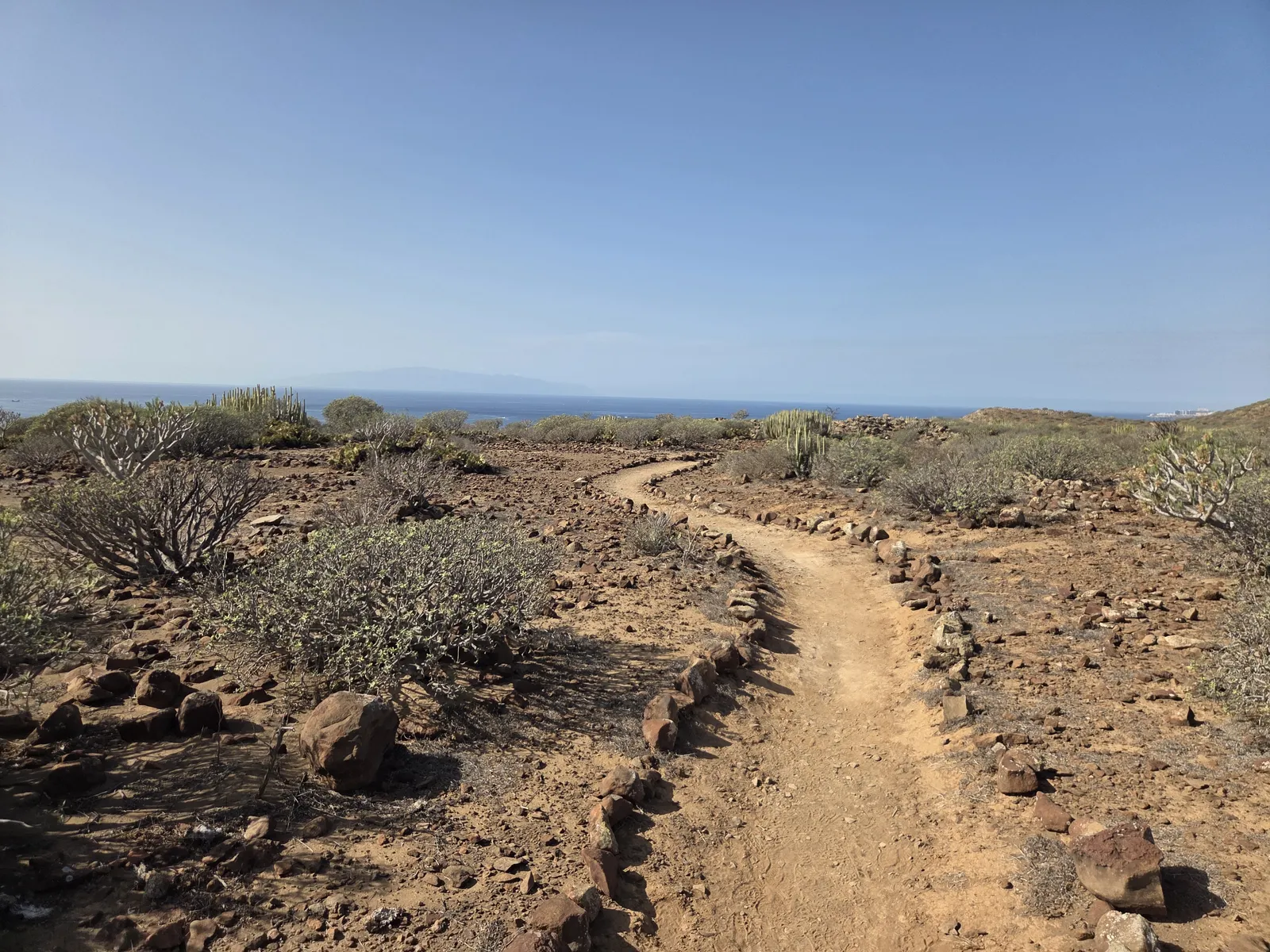 A sandy walking path bordered by volcanic stones and low scrub on the Guaza plateau