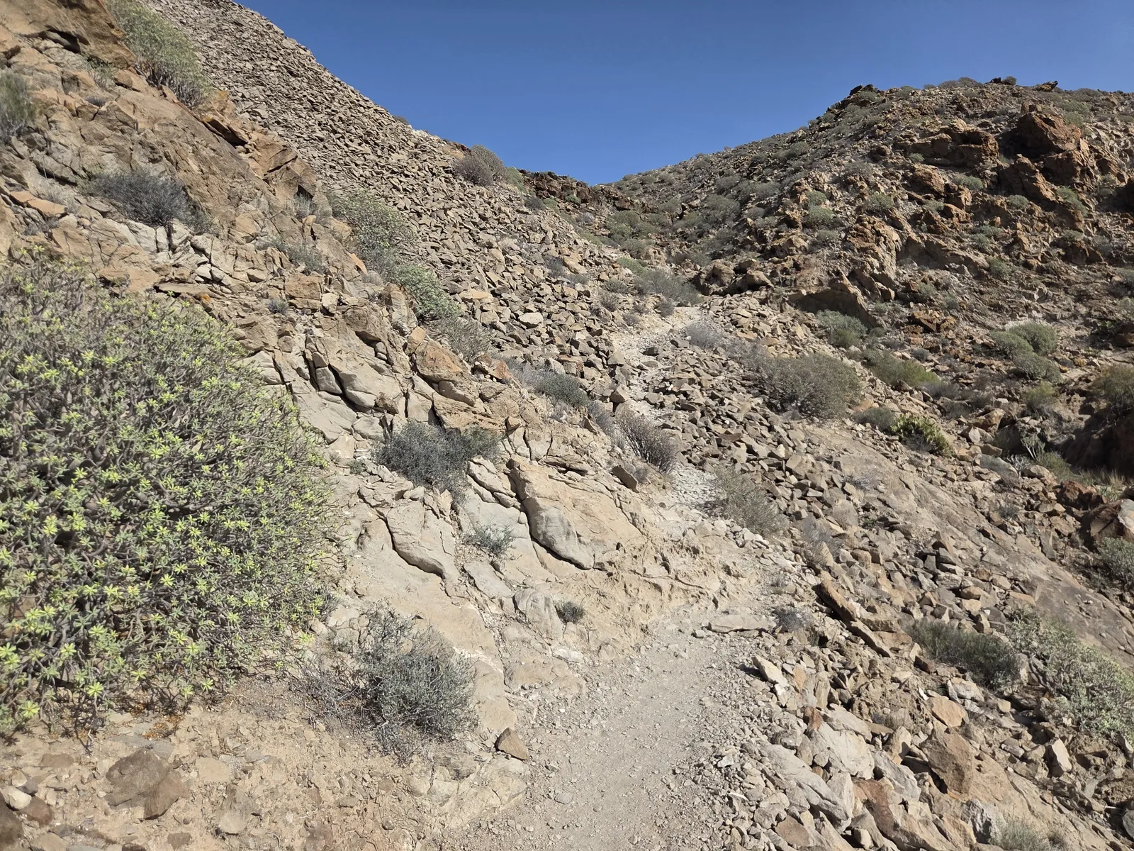 A narrow uneven trail crossing a steep slope of exposed rock and loose stones